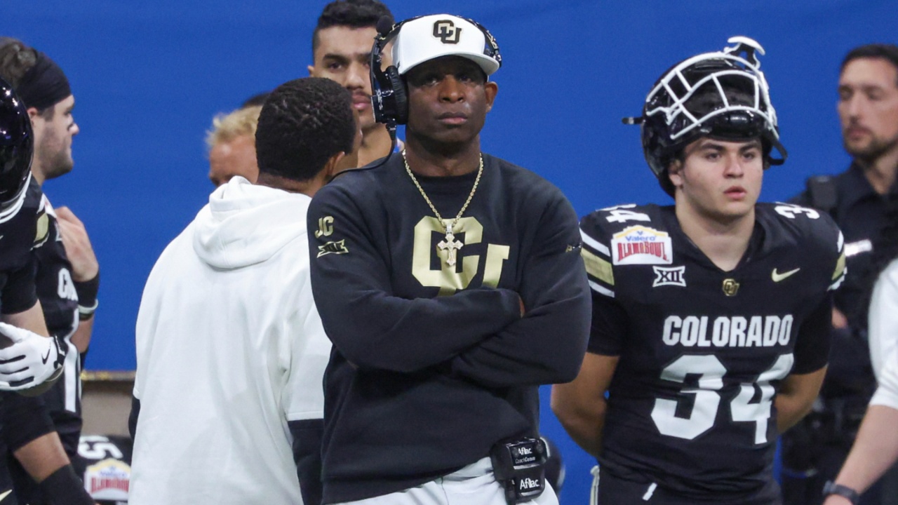 Dec 28, 2024; San Antonio, TX, USA; Colorado Buffaloes head coach Deion Sanders reacts from the sideline during the third quarter against the Brigham Young Cougars at Alamodome.