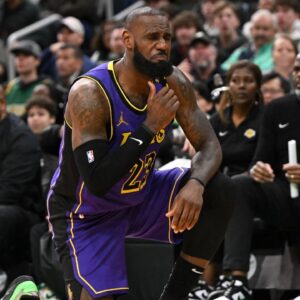 Los Angeles Lakers forward LeBron James (23) reacts after being fouled by Boston Celtics forward Jayson Tatum (not seen) during the fourth quarter at the TD Garden