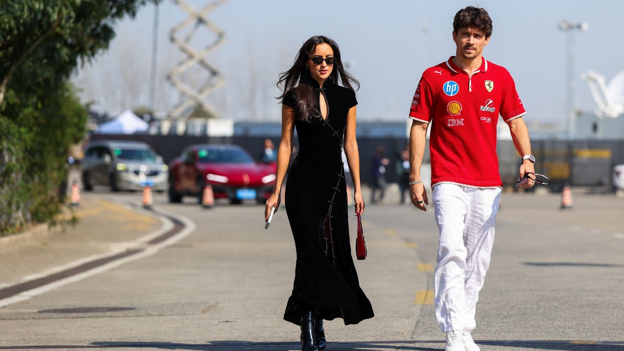 CHARLES LECLERC (MON) of Scuderia Ferrari 16 and ALEXANDRA SAINT MLEUX (FRA) arriving in the paddock during the FORMULA 1 HEINEKEN CHINESE GRAND PRIX 2025 RACE DAY at the Shanghai Audi International Circuit, Shanghai, China on 23 March 2025