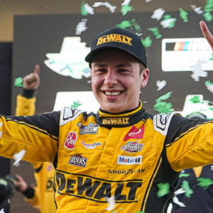DEWALT Toyota driver Christopher Bell (20) celebrates winning the NASCAR Cup Series EchoPark Automotive Grand Prix at Circuit of the Americas on Sunday, March 2, 2025 in Austin.