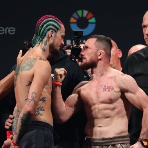 SEAN O'MALLEY and MERAB DVALISHVILI faceoff during the Ceremonial Weigh-Ins prior to their bout at UFC 306 at Riyadh Season Noche UFC at the Sphere in Las Vegas.