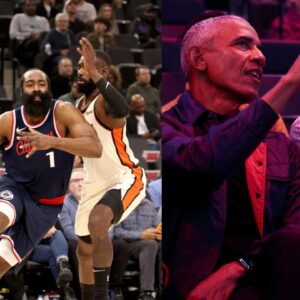 James Harden (L), Barack Obama and Steve Ballmer (R)