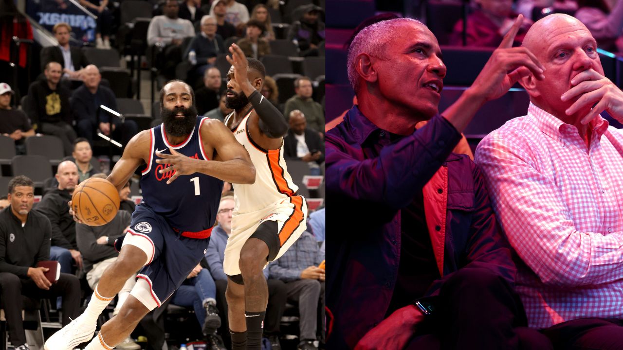 James Harden (L), Barack Obama and Steve Ballmer (R)
