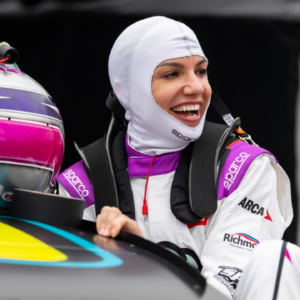 Feb 14, 2025; Daytona Beach, Florida, USA; ARCA Series driver Katherine Legge during practice for the Ride the 'Dente 200 at Daytona International Speedway. Mandatory Credit: Mark J. Rebilas-Imagn Images