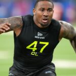 Boston College defensive lineman Donovan Ezeiruaku (DL47) participates in drills during the 2025 NFL Combine at Lucas Oil Stadium.