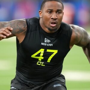 Boston College defensive lineman Donovan Ezeiruaku (DL47) participates in drills during the 2025 NFL Combine at Lucas Oil Stadium.