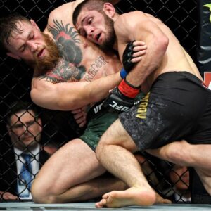 Khabib Nurmagomedov (red gloves) fights Conor McGregor (blue gloves) during UFC 229 at T-Mobile Arena.