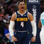 Denver Nuggets guard Russell Westbrook (4) reacts to his score in the second quarter against the Charlotte Hornets at Ball Arena