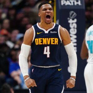 Denver Nuggets guard Russell Westbrook (4) reacts to his score in the second quarter against the Charlotte Hornets at Ball Arena