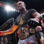 Jon Jones celebrates the victory over Alexander Gustafsson in the fight for the light heavyweight title during UFC 232 on December 29, 2018 in Los Angeles