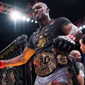 Jon Jones celebrates the victory over Alexander Gustafsson in the fight for the light heavyweight title during UFC 232 on December 29, 2018 in Los Angeles