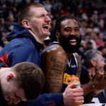 Denver Nuggets center Nikola Jokic (15) and center DeAndre Jordan (6) in the fourth quarter against the Memphis Grizzlies at Ball Arena
