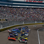 Oct 20, 2024; Las Vegas, Nevada, USA; NASCAR Cup Series driver Christopher Bell (20) leads the restart of the South Point 400 at Las Vegas Motor Speedway. Mandatory Credit: Gary A. Vasquez-Imagn Images