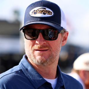 Feb 12, 2025; Daytona Beach, Florida, USA; NASCAR team owner Dale Earnhardt Jr. looks on during practice for the Daytona 500 at Daytona International Speedway. Mandatory Credit: Peter Casey-Imagn Images