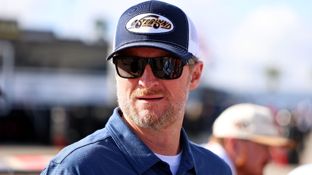 Feb 12, 2025; Daytona Beach, Florida, USA; NASCAR team owner Dale Earnhardt Jr. looks on during practice for the Daytona 500 at Daytona International Speedway. Mandatory Credit: Peter Casey-Imagn Images