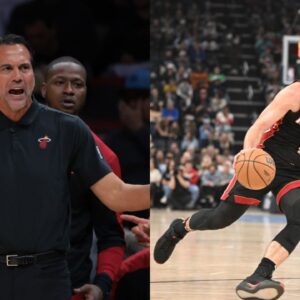 Erik Spoelstra (L), Jaime Jaquez Jr (R)