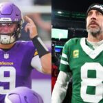 J.J. McCarthy (left), Aaron Rodgers (right)