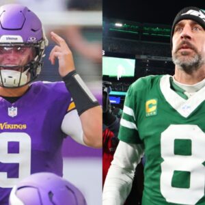 J.J. McCarthy (left), Aaron Rodgers (right)