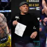 Charles Oliveira (L), Joe Rogan (C), Arman Tsarukyan (R)