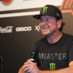 Aug 26, 2023; Daytona Beach, Florida, USA; Kurt Busch address s the media after announcing his retirement prior to the Coke Zero Sugar 400 at Daytona International Speedway. Mandatory Credit: David Yeazell-Imagn Images