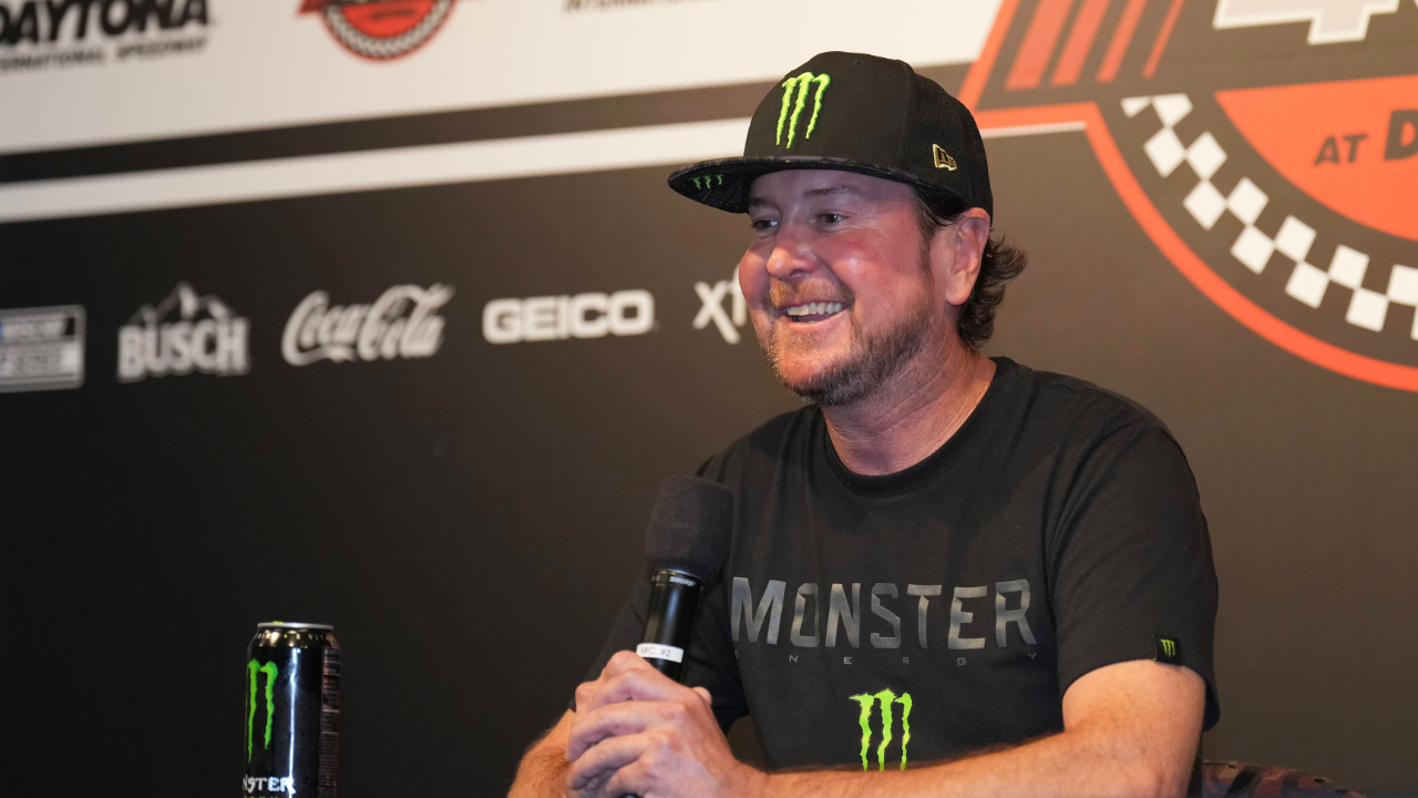 Aug 26, 2023; Daytona Beach, Florida, USA; Kurt Busch address s the media after announcing his retirement prior to the Coke Zero Sugar 400 at Daytona International Speedway. Mandatory Credit: David Yeazell-Imagn Images