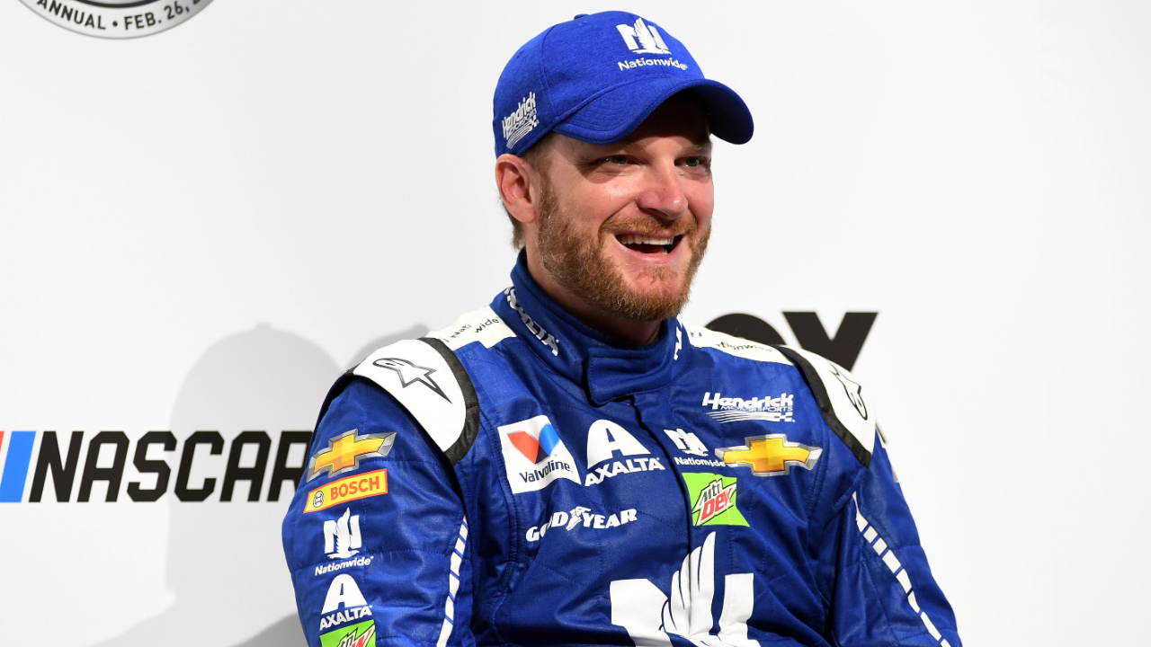 Feb 22, 2017; Daytona Beach, FL, USA; NASCAR Cup Series driver Dale Earnhardt Jr. speaks to the media during Daytona 500 media day at Daytona International Speedway. Mandatory Credit: John David Mercer-Imagn Images