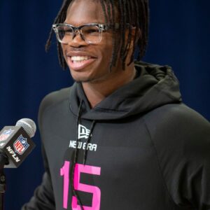 Colorado defensive back Travis Hunter (DB15) during the 2025 NFL Combine at Lucas Oil Stadium.