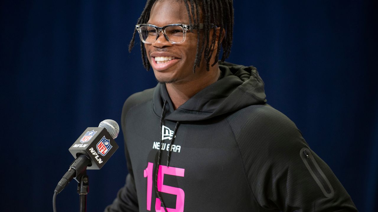 Colorado defensive back Travis Hunter (DB15) during the 2025 NFL Combine at Lucas Oil Stadium.