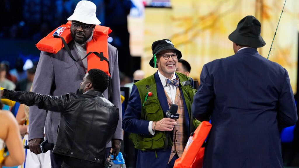 Shaq’s OGs general manager Shaquille O’Neal and Chuck’s Global Stars general manager Charles Barkley and broadcaster Ernie Johnson during a break in the game against Chuck’s Global Stars during the 2025 NBA All Star Game at Chase Center.