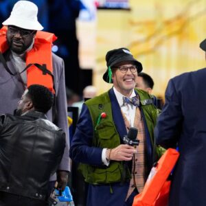Shaq’s OGs general manager Shaquille O’Neal and Chuck’s Global Stars general manager Charles Barkley and broadcaster Ernie Johnson during a break in the game against Chuck’s Global Stars during the 2025 NBA All Star Game at Chase Center.