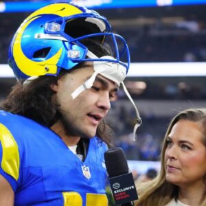NFL Network reporter Jamie Erdahl interviews Los Angeles Rams wide receiver Puka Nacua (17) after the game against the Arizona Cardinals in the second half at SoFi Stadium.