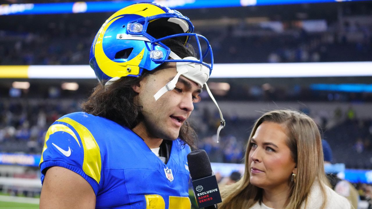 NFL Network reporter Jamie Erdahl interviews Los Angeles Rams wide receiver Puka Nacua (17) after the game against the Arizona Cardinals in the second half at SoFi Stadium.