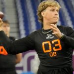 Mississippi quarterback Jaxson Dart (QB03) during the 2025 NFL Combine at Lucas Oil Stadium.
