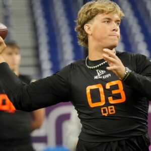 Mississippi quarterback Jaxson Dart (QB03) during the 2025 NFL Combine at Lucas Oil Stadium.