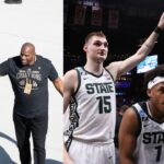 Magic Johnson (L), Michigan State Spartans' Carson Cooper and Jeremy Fears Jr. (R)