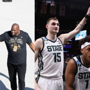 Magic Johnson (L), Michigan State Spartans' Carson Cooper and Jeremy Fears Jr. (R)