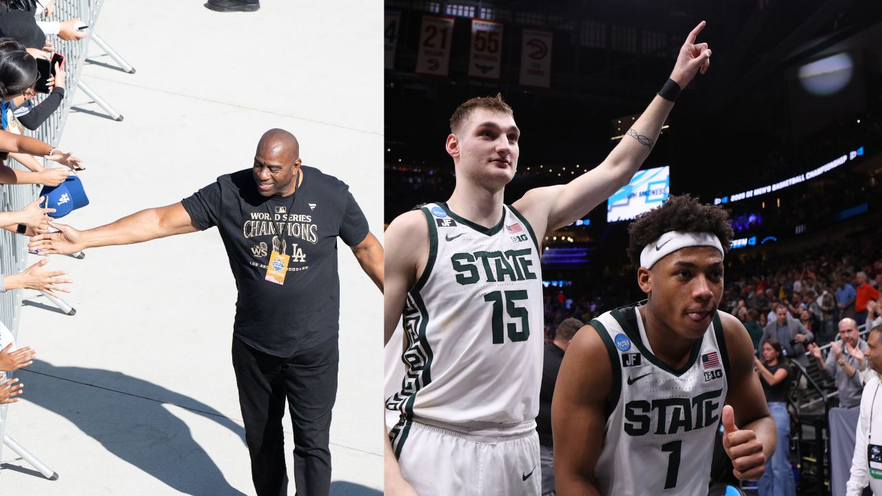 Magic Johnson (L), Michigan State Spartans' Carson Cooper and Jeremy Fears Jr. (R)