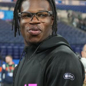 Colorado defensive back Travis Hunter (DB15) looks on during the 2025 NFL Combine at Lucas Oil Stadium.