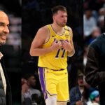 Nico Harrison(L), Luka Doncic(Center), and Anthony Davis(R)