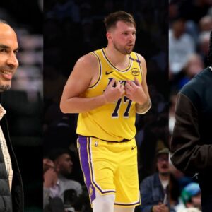 Nico Harrison(L), Luka Doncic(Center), and Anthony Davis(R)