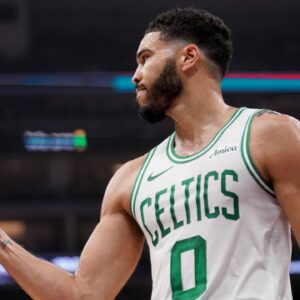 Boston Celtics forward Jayson Tatum (0) pumps his fist after the Celtics made a basket at the end of the first quarter against the Sacramento Kings at the Golden 1 Center.