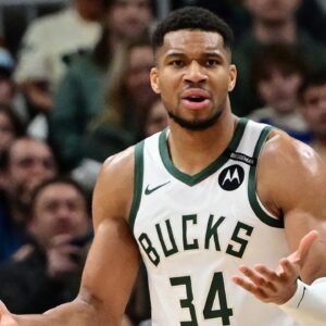 Milwaukee Bucks forward Giannis Antetokounmpo (34) reacts in the third quarter against the Los Angeles Lakers at Fiserv Forum.