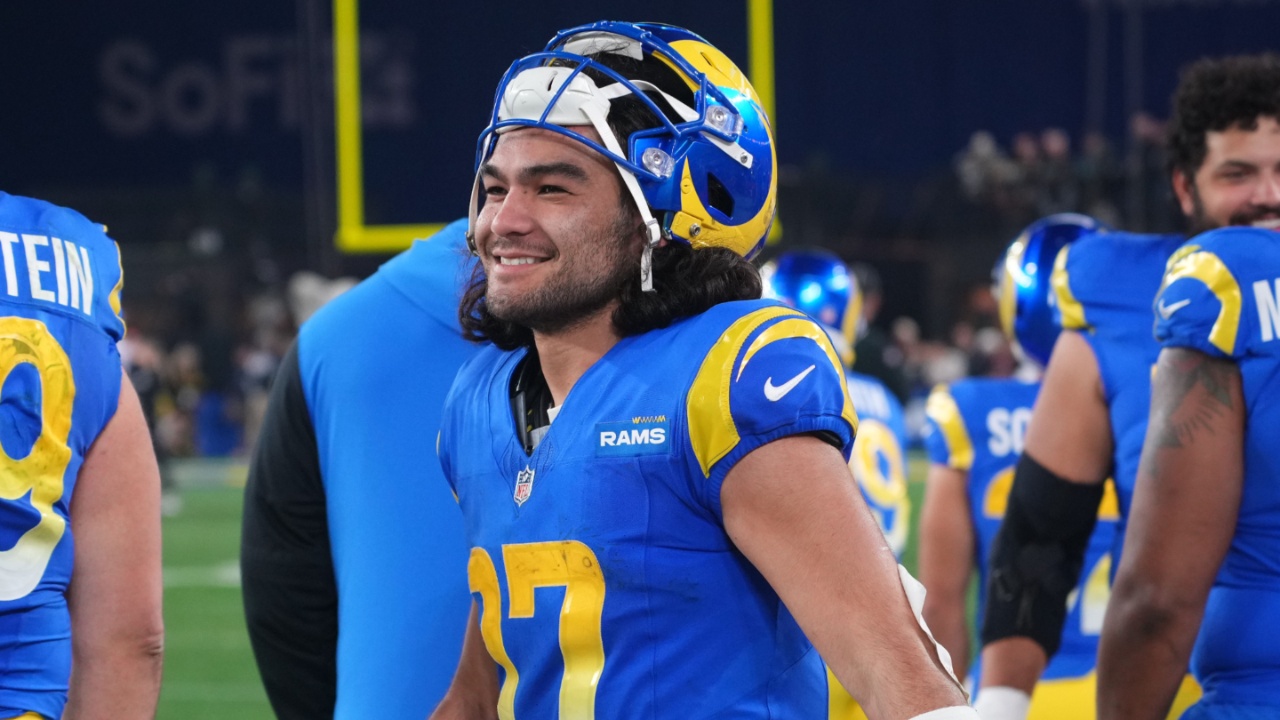 Jan 13, 2025; Glendale, AZ, USA; Los Angeles Rams wide receiver Puka Nacua (17) reacts during the second half against the Minnesota Vikings in an NFC wild card game at State Farm Stadium.