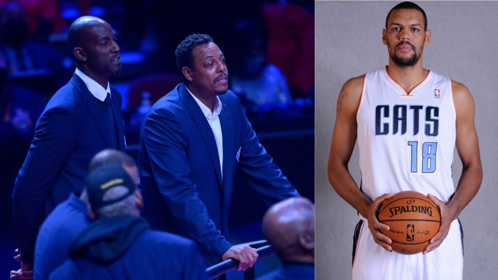 Kevin Garnett and Paul Pierce (L), Patrick O'Bryant (R)