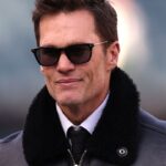 Announcer Tom Brady looks on before an NFC wild card game between the Philadelphia Eagles and the Green Bay Packers at Lincoln Financial Field.