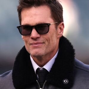 Announcer Tom Brady looks on before an NFC wild card game between the Philadelphia Eagles and the Green Bay Packers at Lincoln Financial Field.