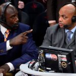Feb 16, 2013; Houston, TX, USA; TNT broadcaster Shaquille O'Neal (left) and Charles Barkley talk during the 2013 NBA All-Star slam dunk contest at the Toyota Center. Mandatory Credit: Bob Donnan-Imagn Images