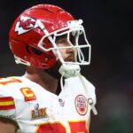 Kansas City Chiefs tight end Travis Kelce (87) reacts in the fourth quarter against the Philadelphia Eagles in Super Bowl LIX at Ceasars Superdome.