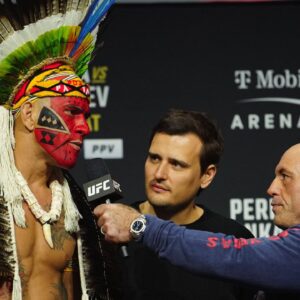 LAS VEGAS, NV - MARCH 7:Alex Pereira speaks with Joe Rogan at UFC313