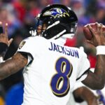 Jan 19, 2025; Orchard Park, New York, USA; Baltimore Ravens quarterback Lamar Jackson (8) throws the ball during the fourth quarter against the Buffalo Bills in a 2025 AFC divisional round game at Highmark Stadium.